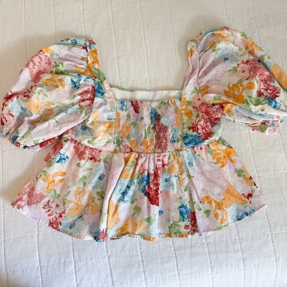 Buddy Love Alana Puff‎ Sleeve Square Neck Peplum Crop Carnation Floral SMALL - Picture 7 of 9